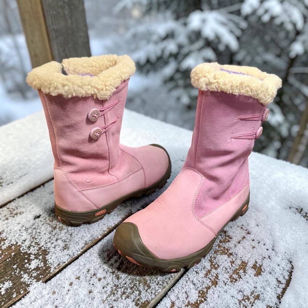 Keen Girl's 5 Pink Leather Suede & Nubuck Side Zip Faux Sherpa Wool Lined Boots